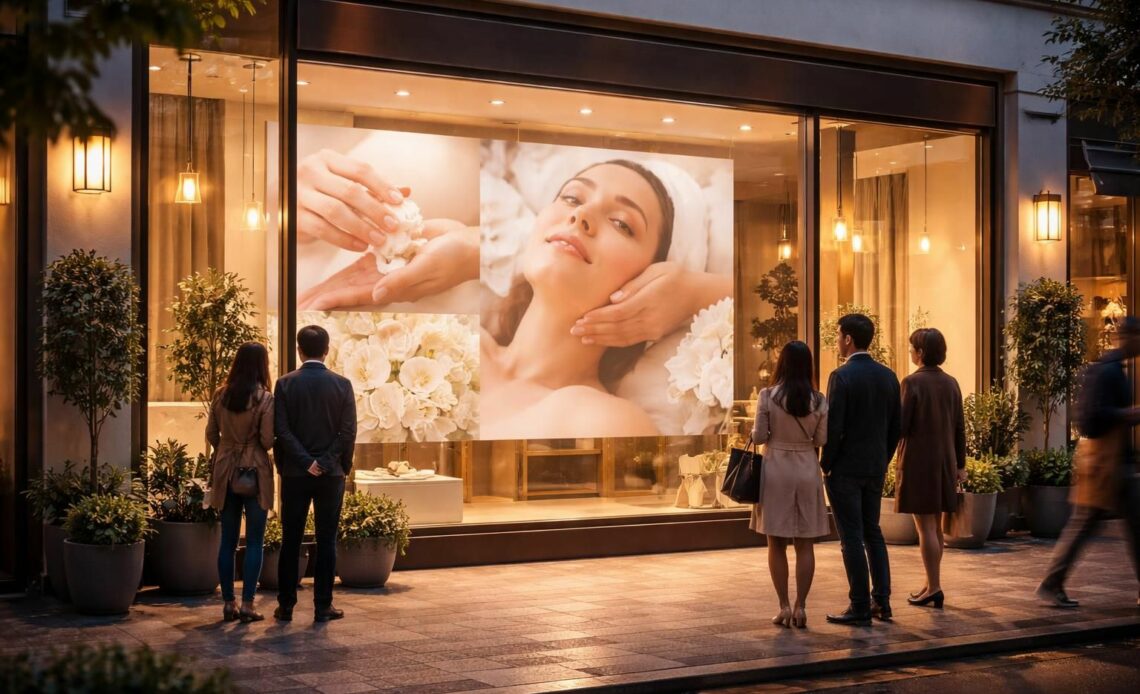 découvrez comment attirer l'attention en vitrine de votre institut de beauté grâce à un écran de projection innovant, pour séduire et captiver vos passants.
