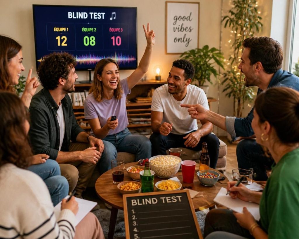 participez à un blind test musical festif et interactif pour éveiller vos sens, partager des moments conviviaux et tester vos connaissances musicales en groupe.