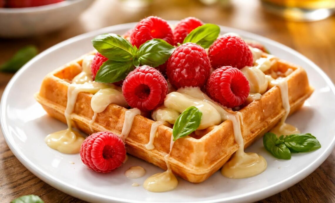découvrez la recette gourmande de gaufres au chocolat blanc, framboises fraîches et basilic, une alliance de saveurs originale et délicieuse à savourer sans modération.
