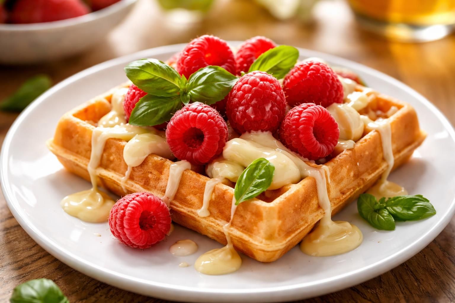 découvrez la recette gourmande de gaufres au chocolat blanc, framboises fraîches et basilic, une alliance de saveurs originale et délicieuse à savourer sans modération.