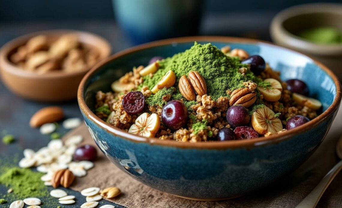 découvrez la recette saine et gourmande du granola de claire au matcha : un mélange croustillant, facile à préparer, parfait pour un petit-déjeuner ou une collation pleine d'énergie et de saveurs.