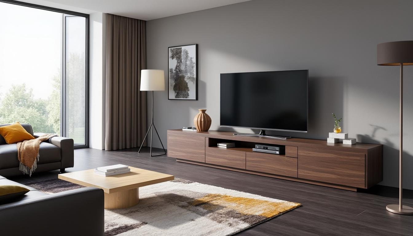 découvrez le meuble tv kaorka k16 xs 120cm en noyer : un équilibre parfait entre élégance moderne et fonctionnalité, idéal pour sublimer votre salon tout en optimisant l'espace de rangement.
