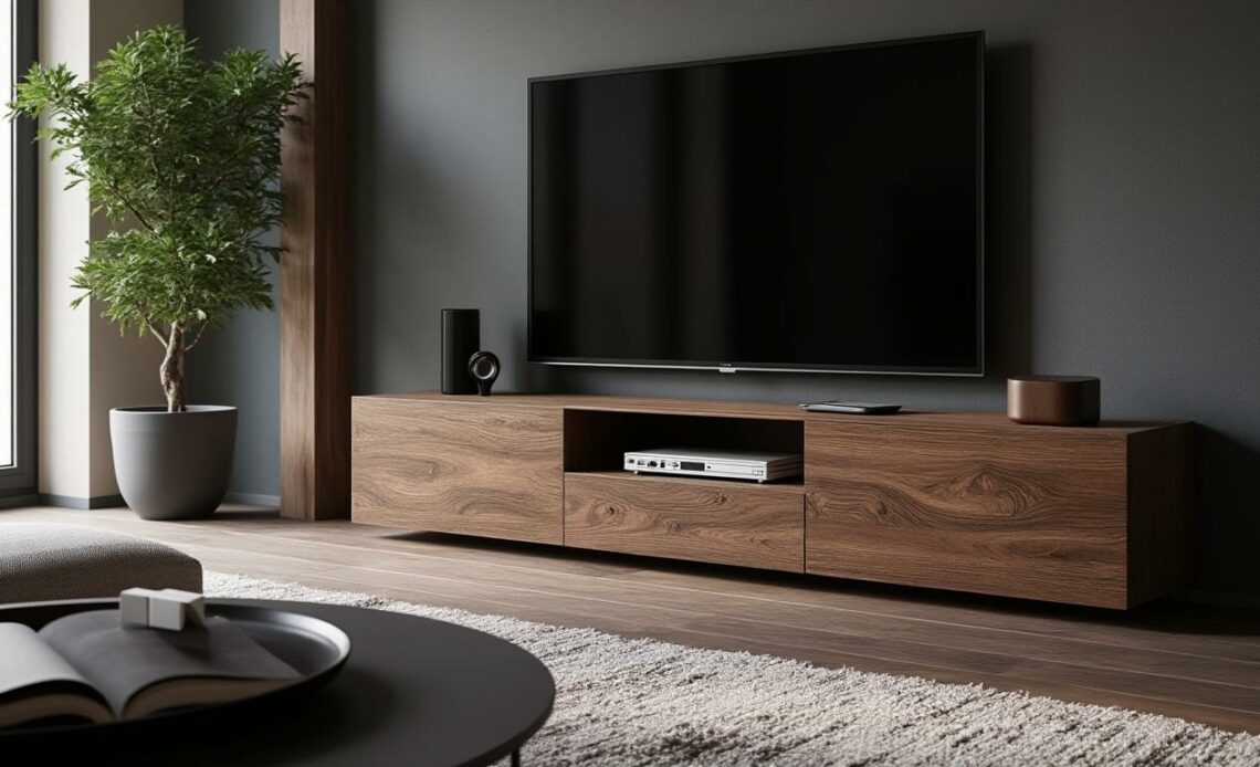 découvrez le meuble tv kaorka k16 xs 120cm en noyer, alliant élégance et fonctionnalité pour sublimer votre salon avec un design moderne et pratique. idéal pour optimiser l’espace et organiser votre équipement multimédia.