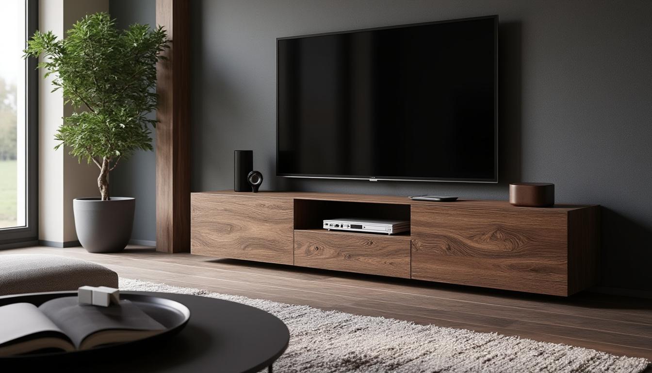 découvrez le meuble tv kaorka k16 xs 120cm en noyer, alliant élégance et fonctionnalité pour sublimer votre salon avec un design moderne et pratique. idéal pour optimiser l’espace et organiser votre équipement multimédia.