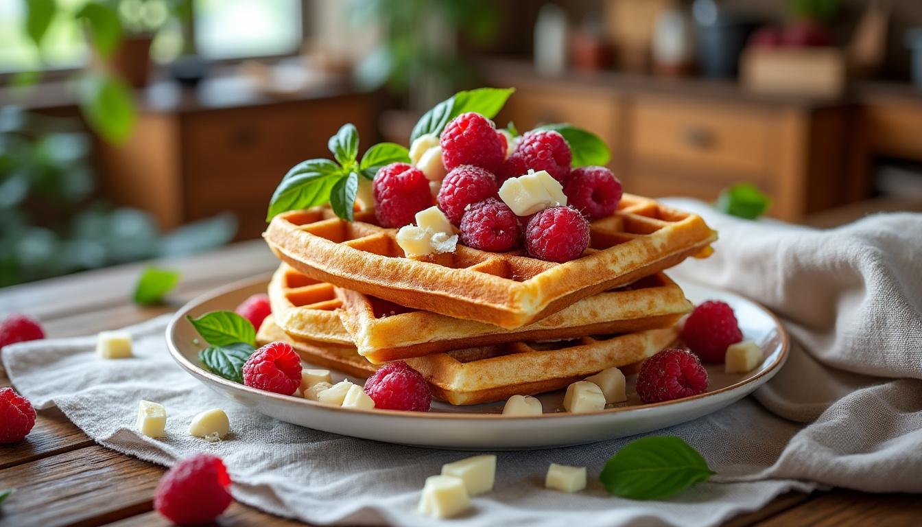 découvrez une recette gourmande de gaufres au chocolat blanc, agrémentées de framboises fraîches et de basilic, parfaite pour régaler toute la famille lors du goûter ou du brunch.