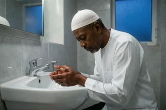 Homme musulman effectuant ses ablutions avant la prière du fajr à Roubaix dans une salle de bain sobre au petit matin