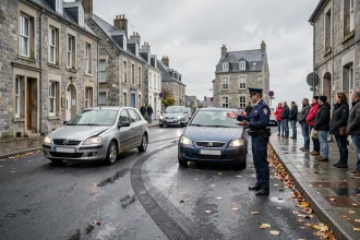 Scène d'accident de la route à Lorient avec intervention policière et circulation déviée