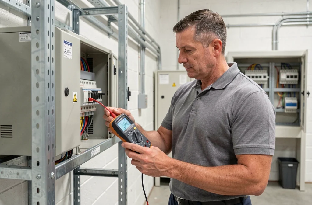 Électricien AEPCN vérifiant un tableau électrique avec un multimètre dans un bâtiment industriel