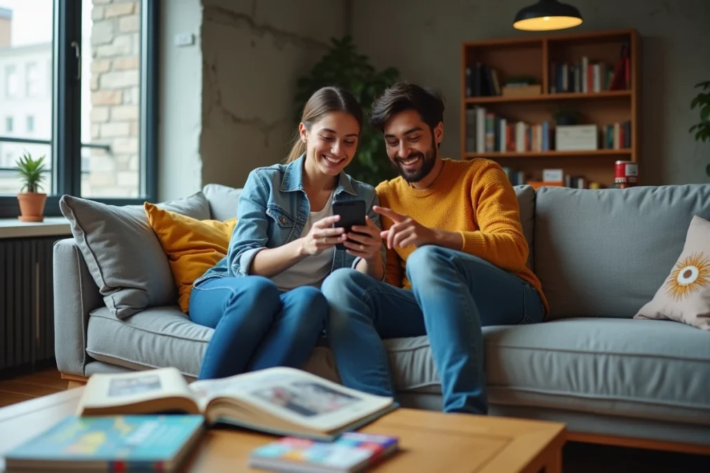 Deux amis découvrant ensemble un site de lecture de manga sur smartphone dans un appartement moderne