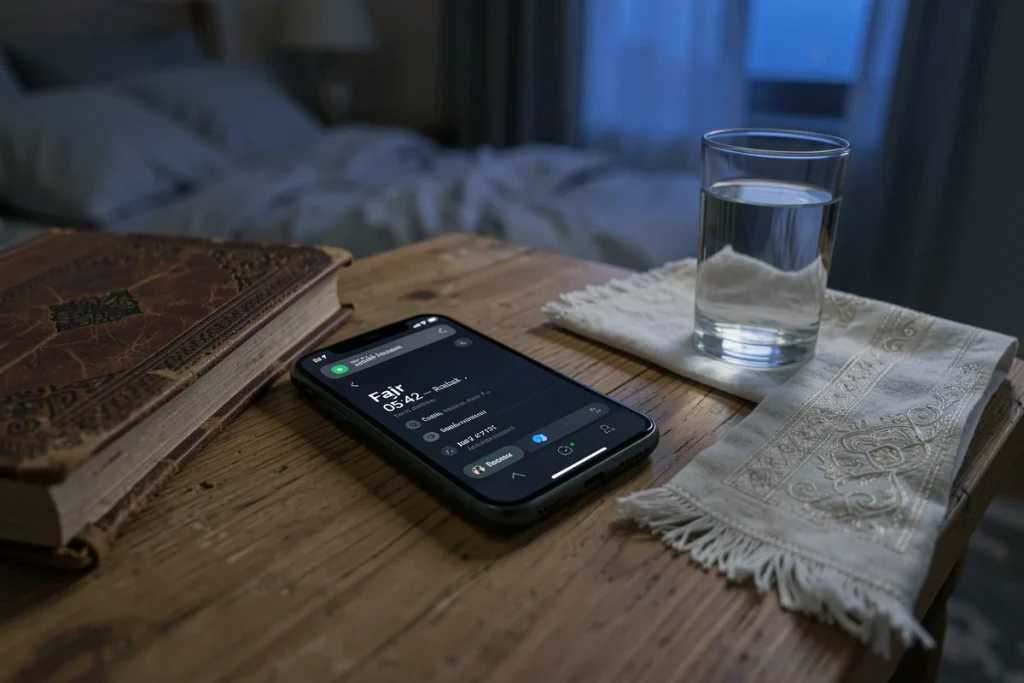 Téléphone affichant l'heure de prière fajr pour Roubaix sur une application de salat posé sur une table de nuit avec un Coran et un tapis de prière
