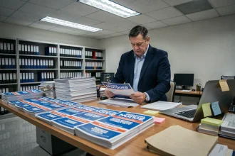 Bureau de campagne du Rassemblement National avec tracts et documents politiques sur une table
