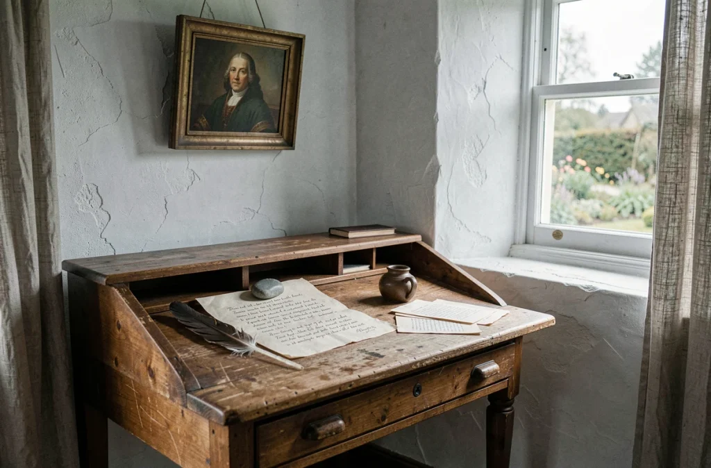 Bureau d'écriture rustique dans un cottage anglais avec manuscrits et plume d'oie, symbolisant l'environnement de création littéraire d'Alexander Pope