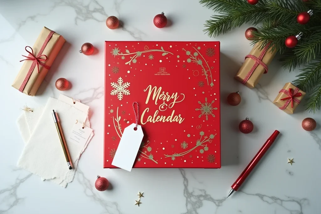 Vue du dessus d'un calendrier de l'Avent entouré d'étiquettes de prix, d'une liste manuscrite et de petits cadeaux sur un comptoir en marbre blanc
