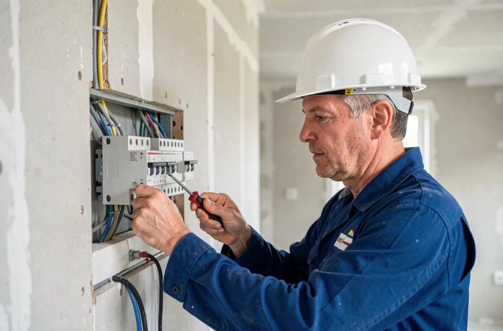 Électricien Castel Elec installant un tableau de distribution dans une maison neuve