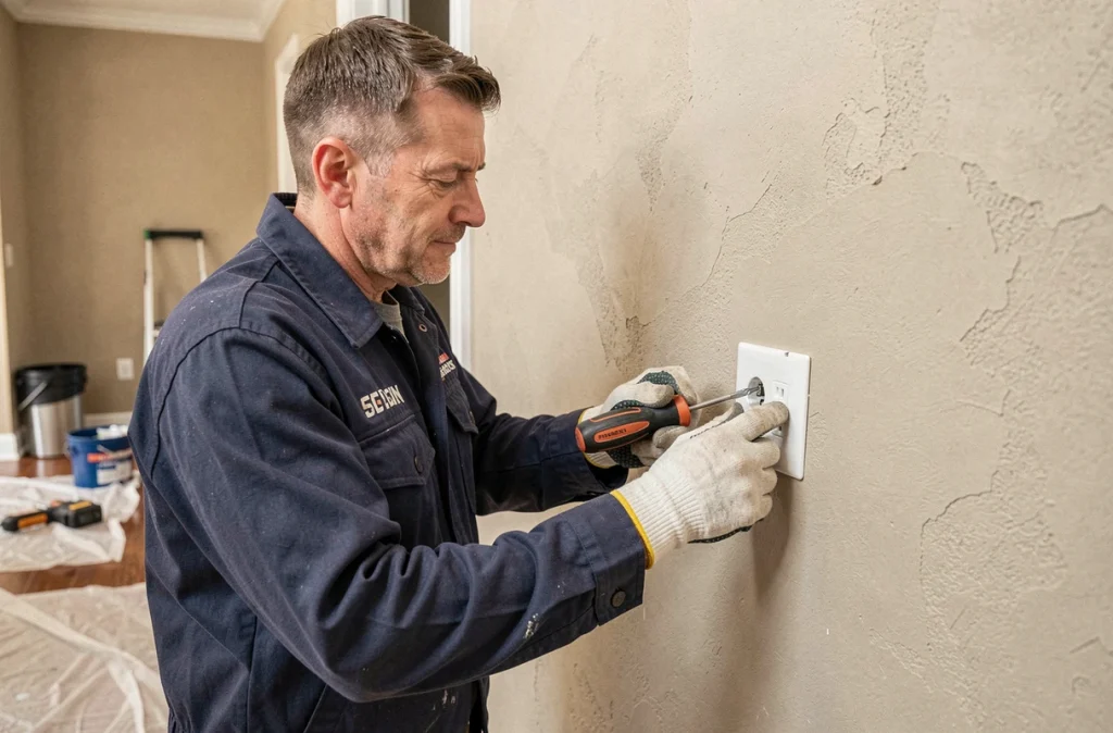 Électricien de Cer Habitat installant une prise électrique dans une maison en rénovation