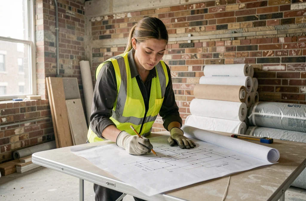 Technicienne CLE étudiant des plans électriques sur un chantier de rénovation urbaine à Tourcoing