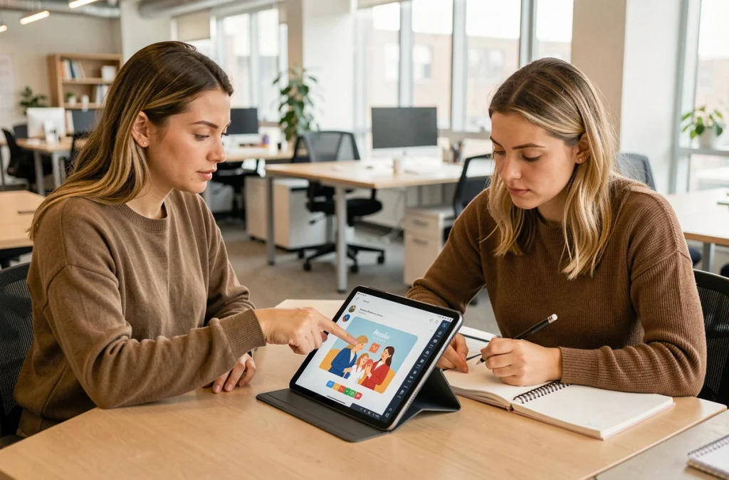 Deux femmes collaborant sur une tablette pour créer et partager une cybercarte animée gratuite dans un espace de coworking