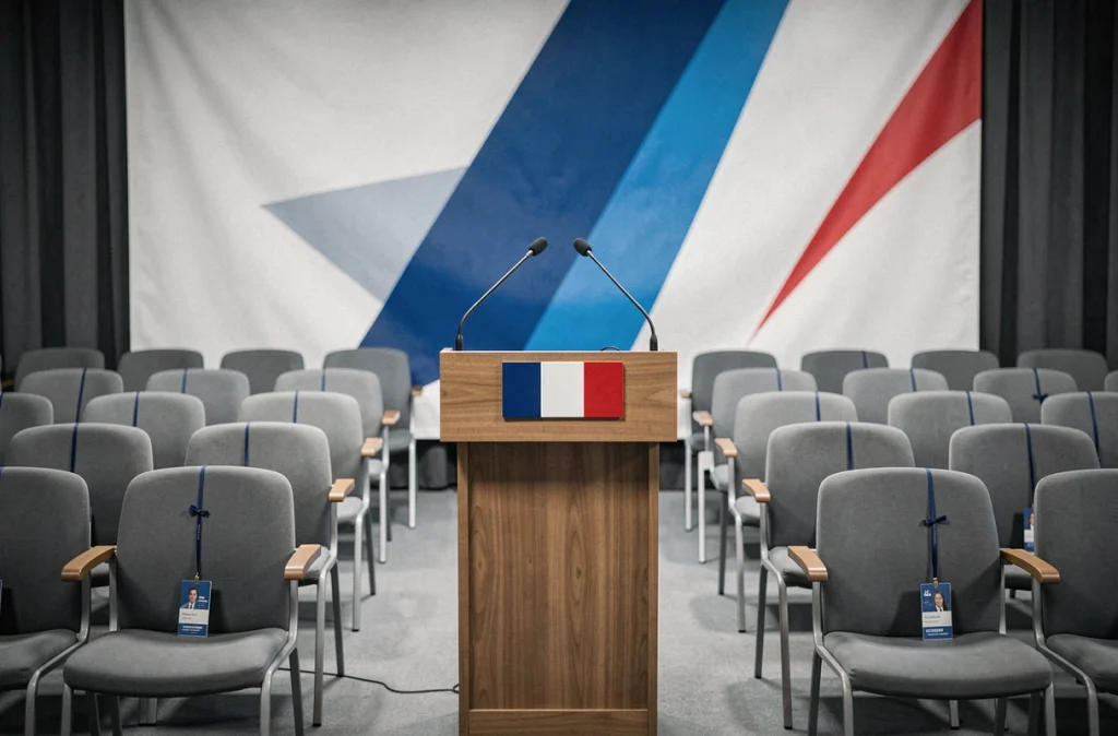 Salle de conférence de presse vide avec podium et bannière de parti politique français