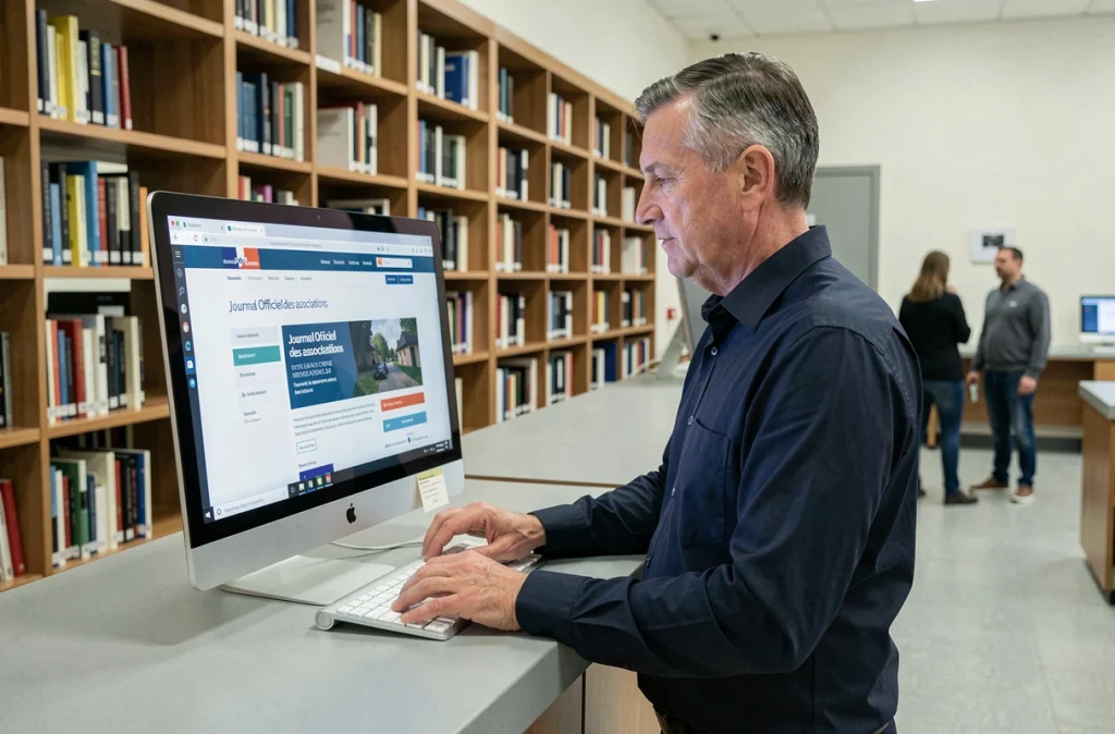 Homme consultant le Journal Officiel des associations sur un ordinateur de bibliothèque publique pour effectuer des démarches administratives