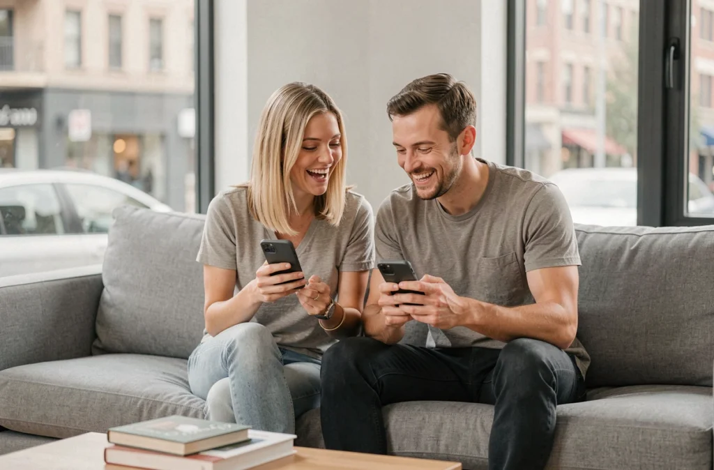 Couple souriant parcourant ensemble une bibliothèque de romans sentimentaux sur smartphones dans un salon moderne