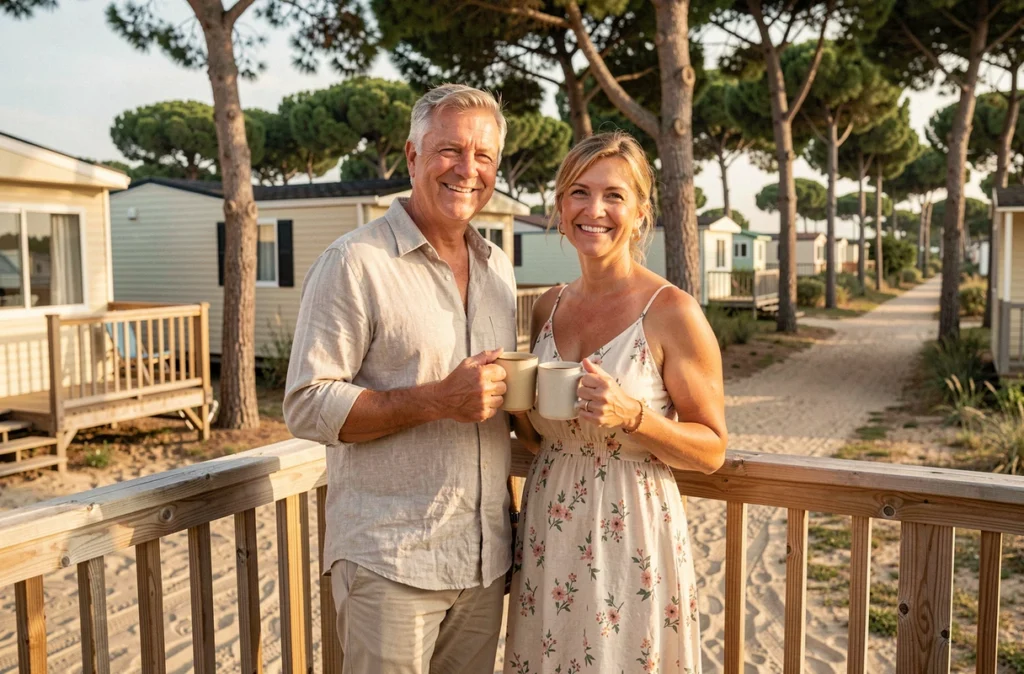 Couple souriant profitant de leur terrasse de mobil-home dans un camping français au bord de la mer