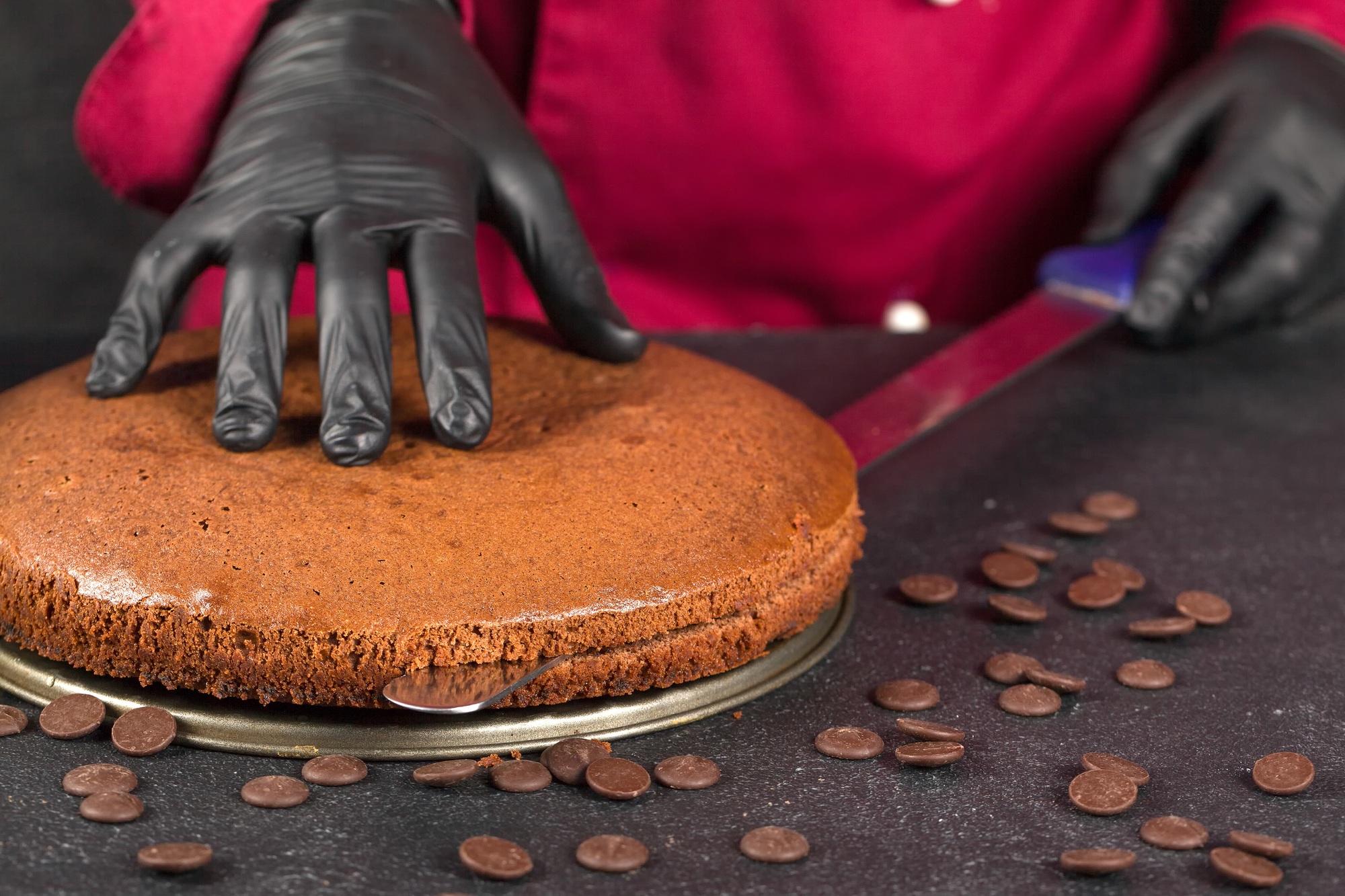 Cutting biscuit. Cutting the cake close up
