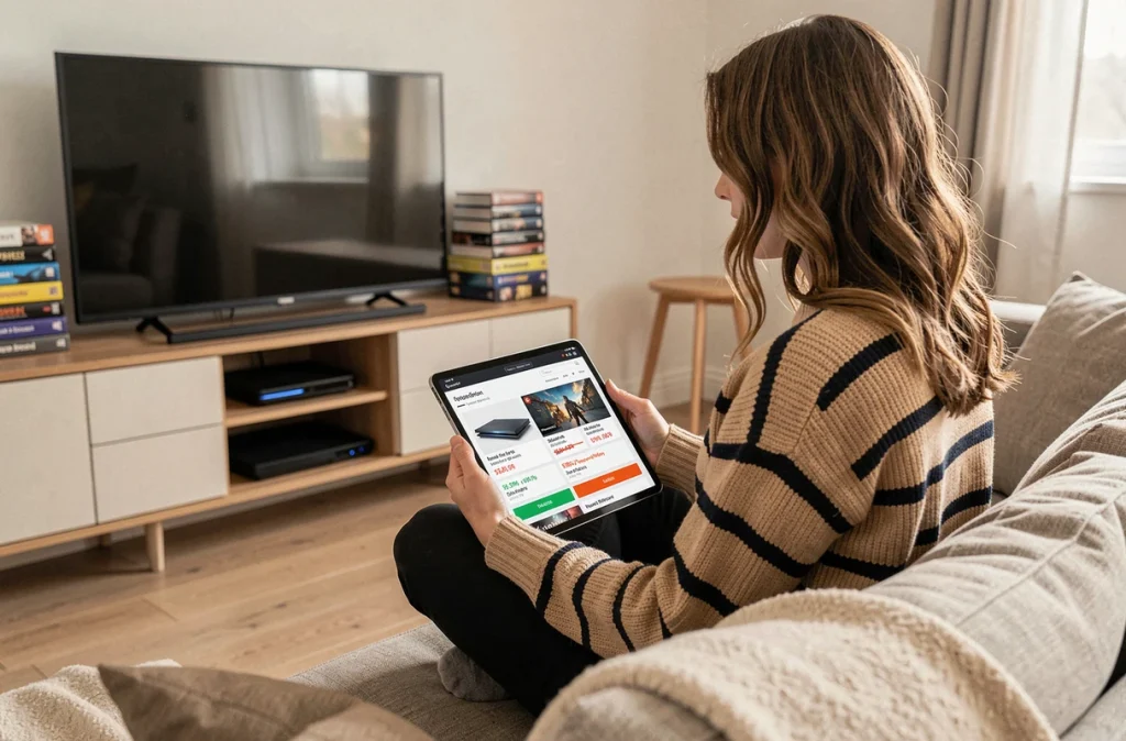 Femme comparant les offres de jeux vidéo et de consoles sur tablette lors du Cyber Monday 2026 dans son salon