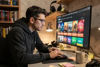 Jeune homme analysant les promotions de consoles de jeux vidéo sur son ordinateur pendant le Cyber Monday 2026