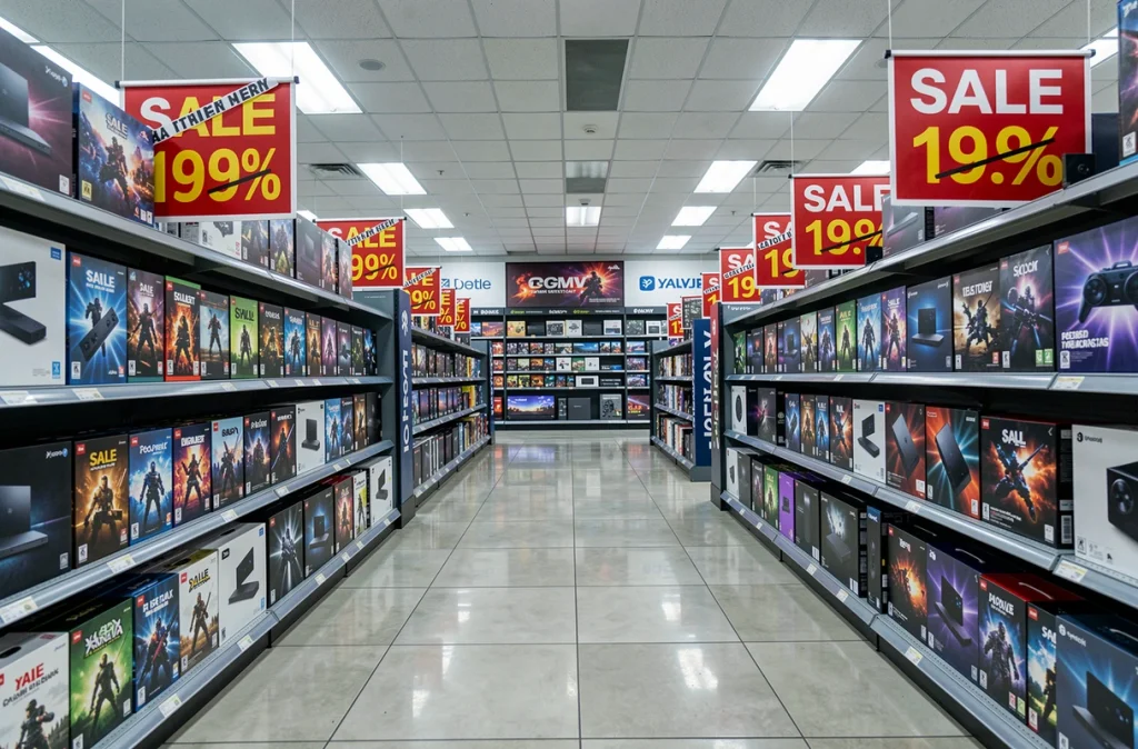 Rayon de magasin électronique avec promotions sur les consoles et jeux vidéo pour le Cyber Monday 2026