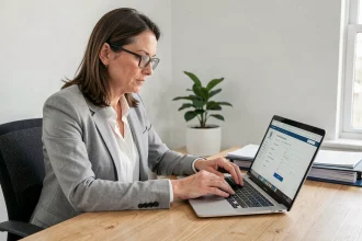 Femme en blazer gris remplissant un formulaire administratif en ligne sur un ordinateur portable dans un bureau à domicile organisé
