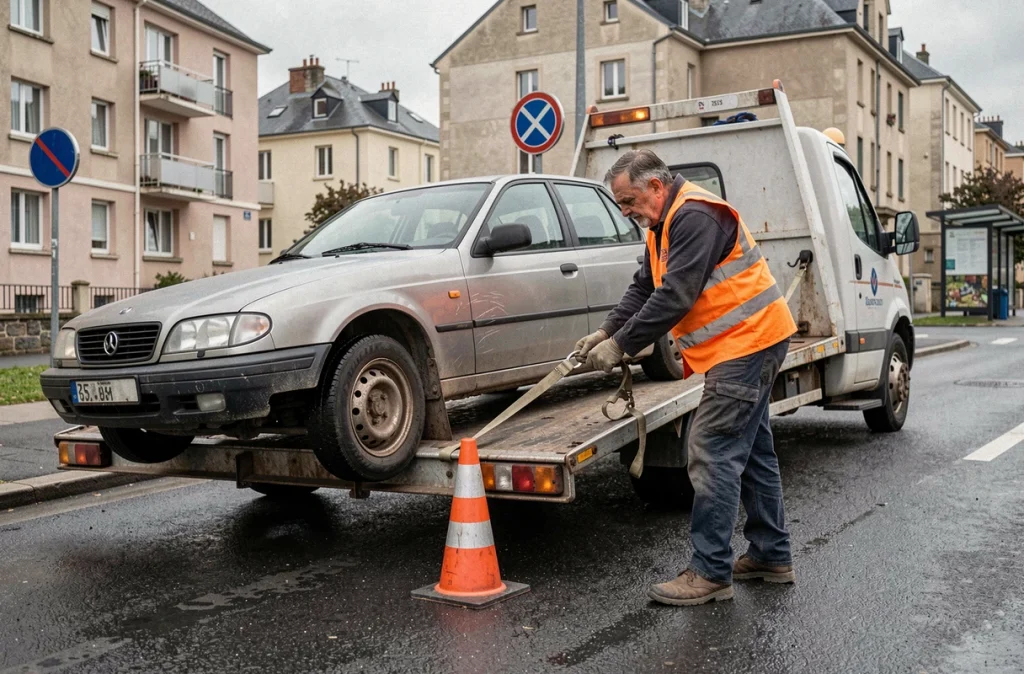 Dépanneuse sécurisant un véhicule accidenté dans les rues de Lorient