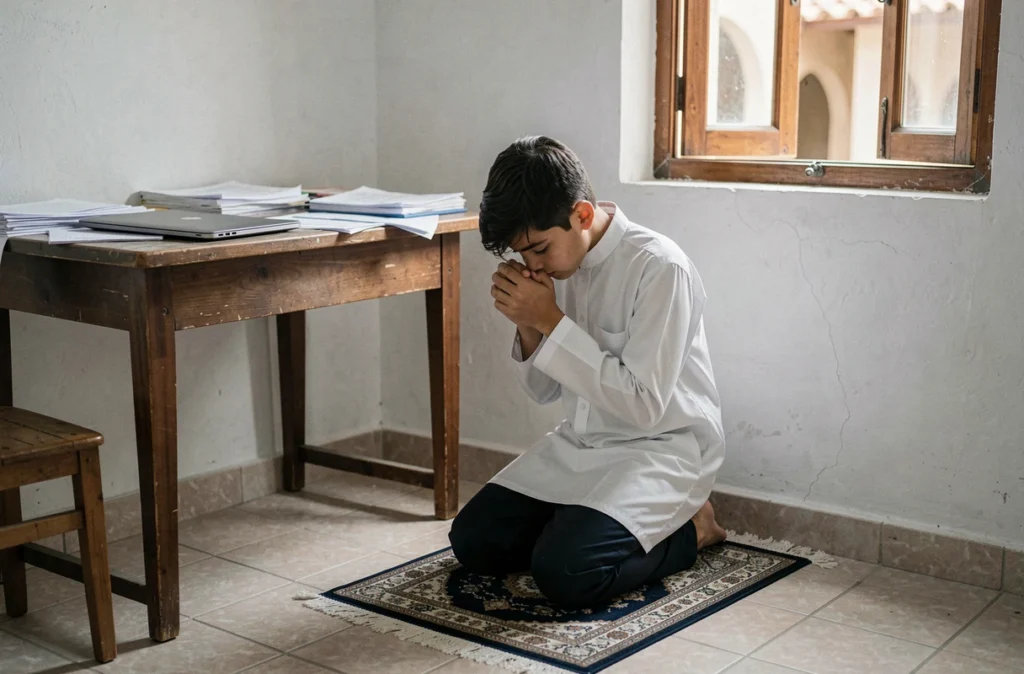 Adolescent musulman en tenue blanche faisant une duaa sur un tapis de prière à côté de son bureau d'examen pour la réussite scolaire