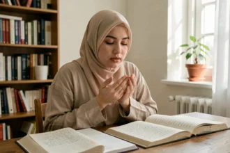 Jeune femme musulmane en hijab faisant une duaa les mains levées devant ses livres d'étude pour réussir ses examens