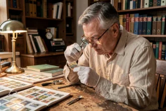 Expert philatéliste examinant un timbre rare à la loupe dans un bureau antique