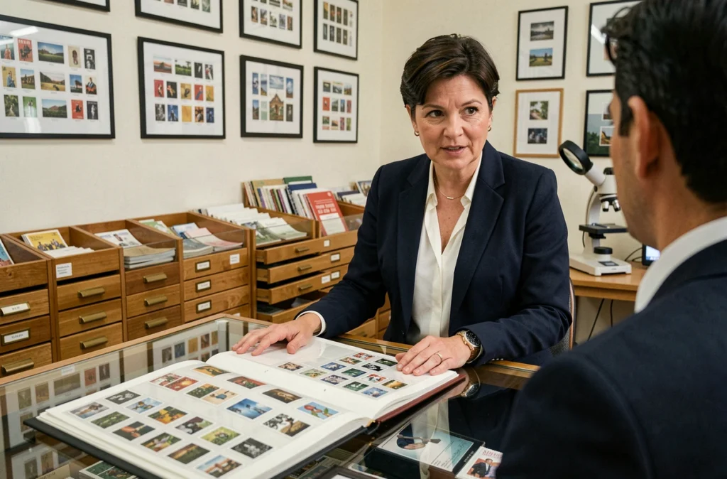 Experte en philatélie conseillant un client devant un album de timbres dans une boutique spécialisée