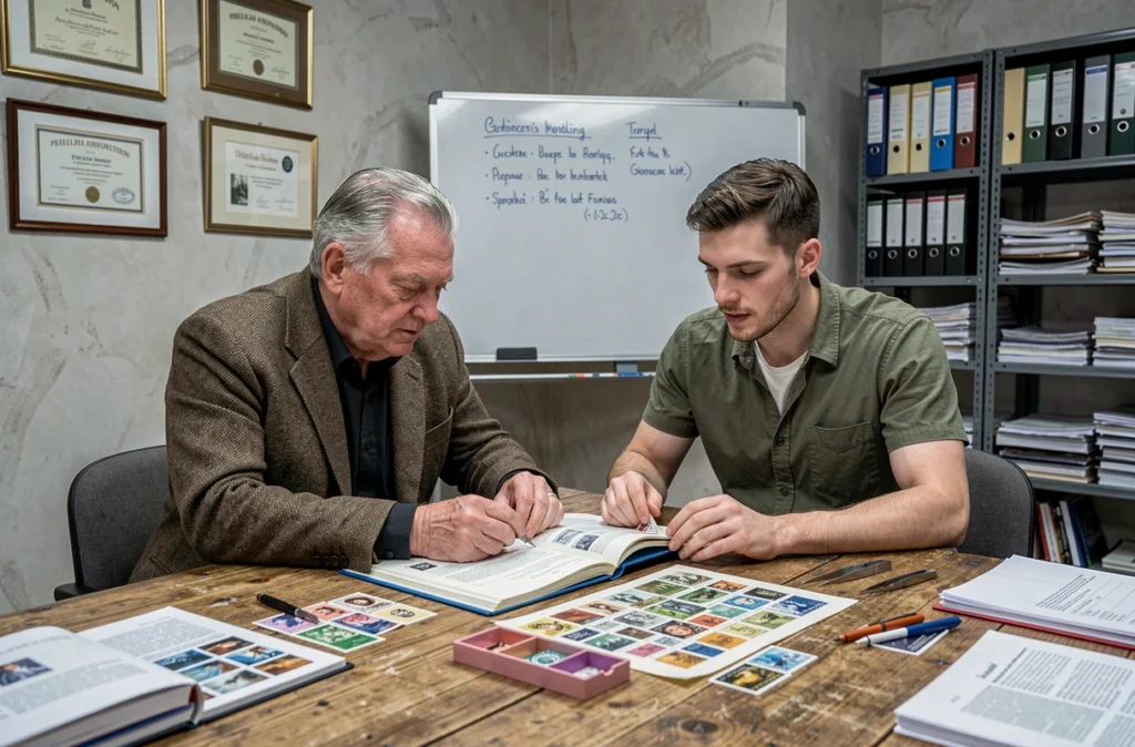 Deux experts philatélistes évaluant des timbres historiques ensemble dans une salle d'association