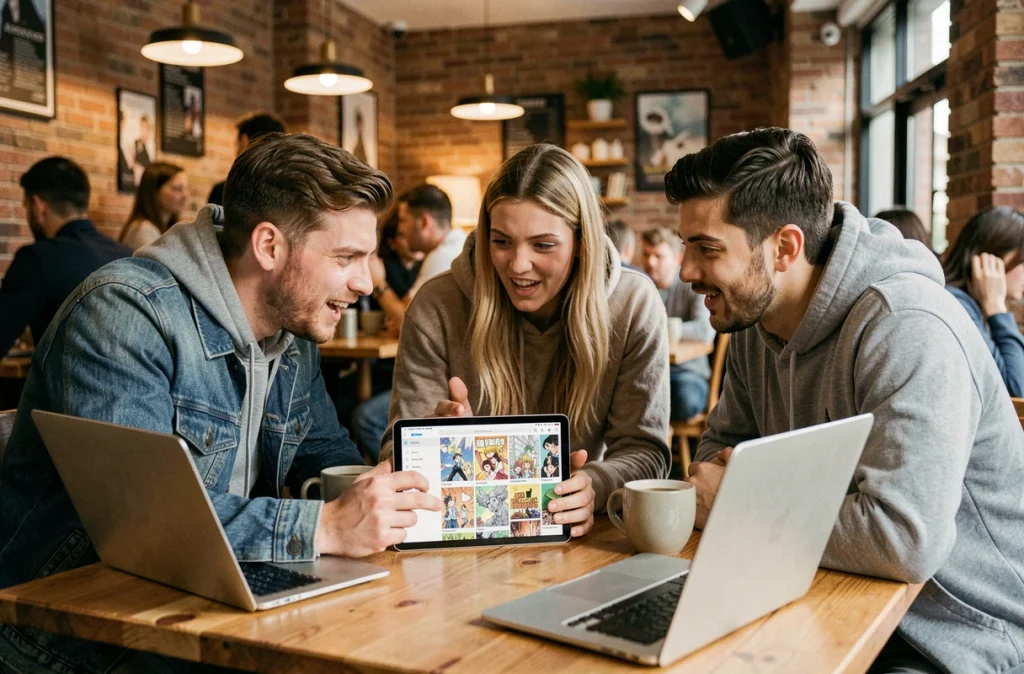Groupe de fans discutant des alternatives aux scans One Punch Man dans un café urbain
