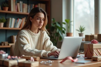 Jeune femme hésitante devant un ordinateur portable lors d'un achat en ligne d'un calendrier de l'Avent, entourée de papiers cadeaux et de romans sur son bureau en bois