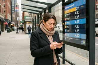 Femme consultant son smartphone à un arrêt de bus affichant les horaires de la ligne 235 en ville