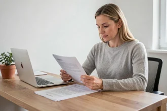 Femme consultant des documents financiers sur Nokraf à son bureau à domicile en 2026