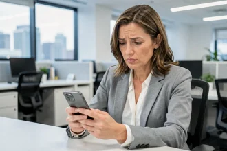 Femme au bureau analysant un numéro de téléphone inconnu sur son smartphone, illustrant la différence entre indicatif 0270 et numéro local