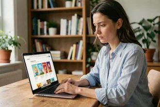 Femme consultant un site de cybercartes animées gratuites sur son ordinateur portable à son bureau à domicile
