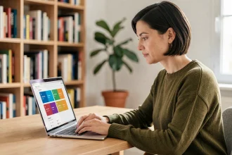 Femme utilisant un ordinateur portable pour explorer des alternatives à Rabbit Findr dans un bureau à domicile moderne