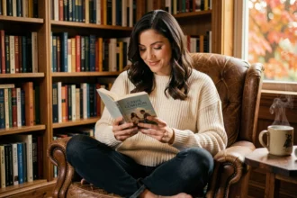 Femme lisant un roman sentimental dans un fauteuil en cuir entourée de bibliothèques remplies de livres