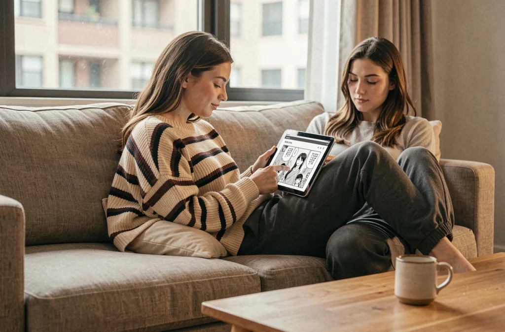 Jeune femme lisant un scan manga sur tablette dans son salon, illustration de la lecture numérique de The Eminence in Shadow
