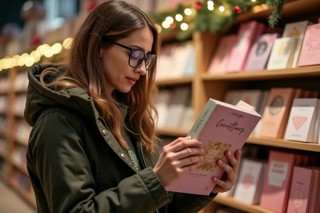 Femme lisant attentivement le dos d'un calendrier de l'Avent Hugo New Romance en librairie avant de l'acheter, expression concentrée et évaluatrice