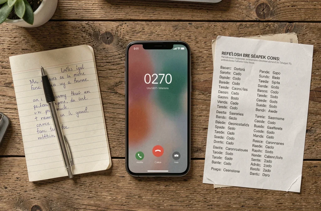 Vue aérienne d'un bureau avec smartphone affichant un numéro 0270, notes manuscrites et guide des indicatifs téléphoniques français