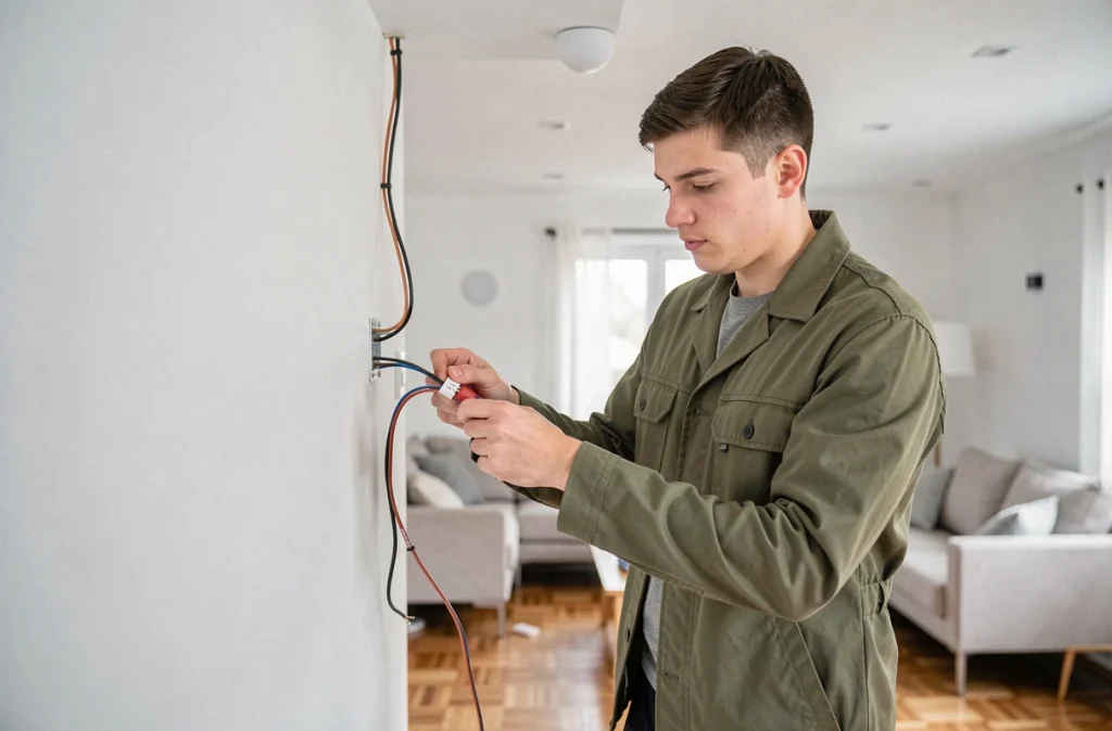 Galliot Quentin, jeune électricien indépendant, câblant un luminaire dans un appartement rénové