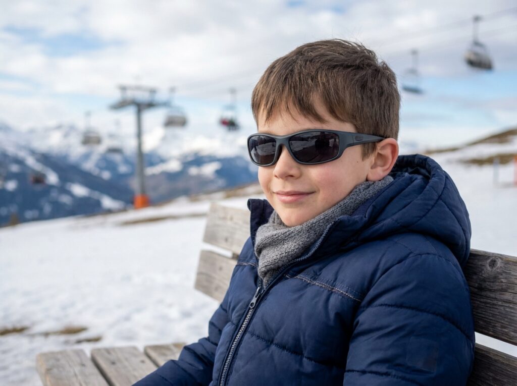 Garçon avec des lunettes de soleil polarisées assis sur un banc dans une station de ski enneigée