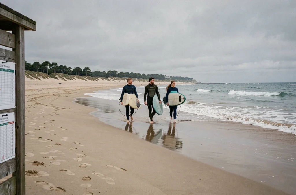 Groupe de débutants en surf marchant sur la plage d'Anglet en combinaison néoprène avec des planches de mousse